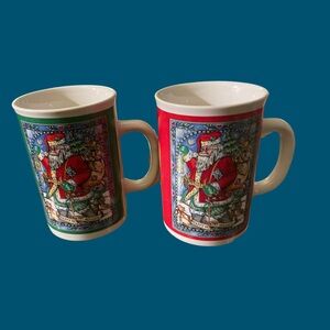 Vintage Papel Freelance Christmas Ceramic Mugs - Set of 2 / Red & Green